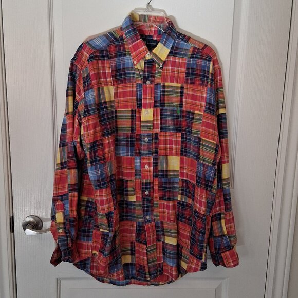 Polo Ralph Lauren Shirt Men's Size Medium Patchwork Plaid Classic Fit Work shirt - Picture 1 of 9